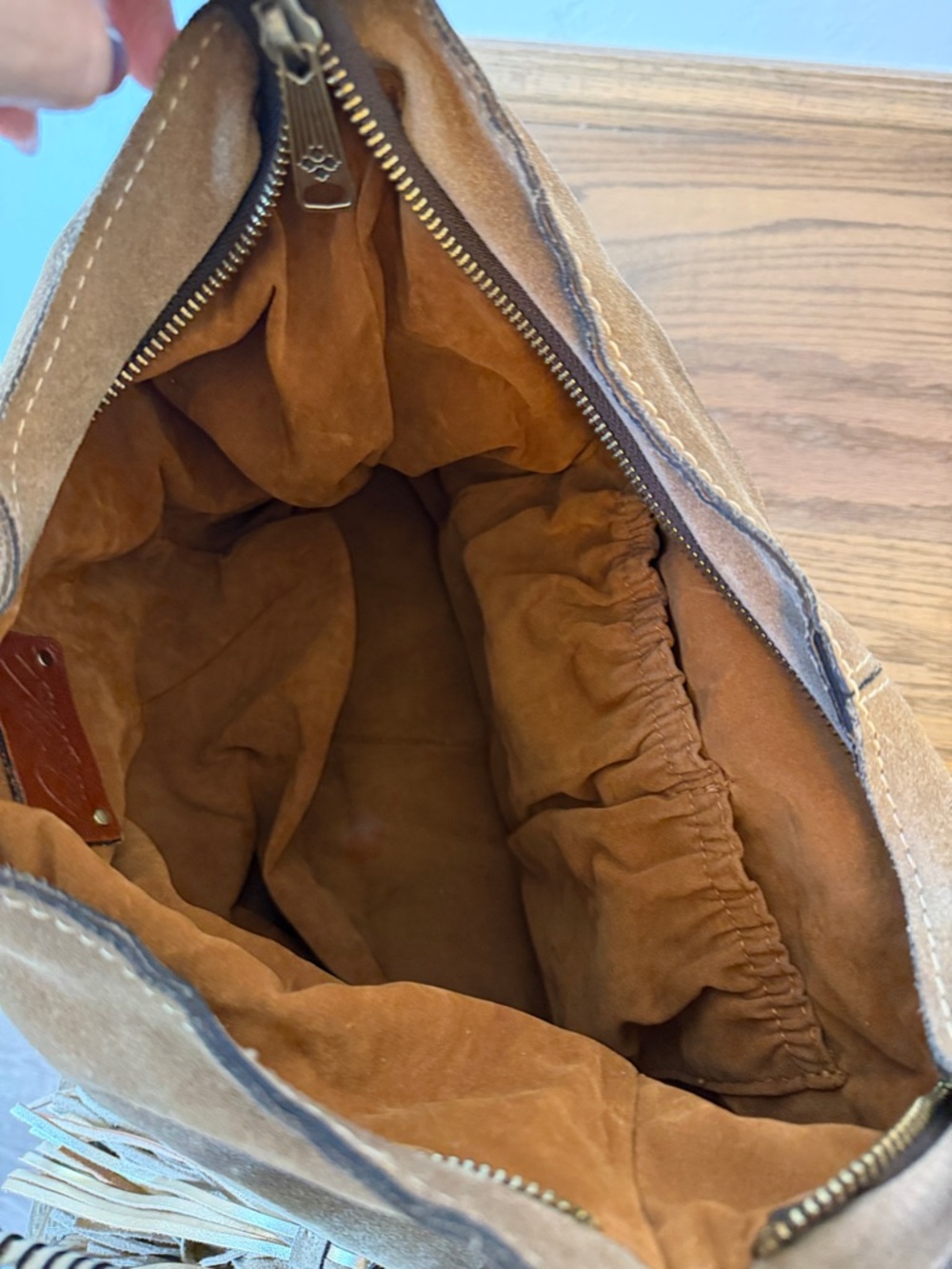 Patricia Nash Tan Suede & Metallic Gold Ombré Hobo with Tassel - Picture 4 of 6